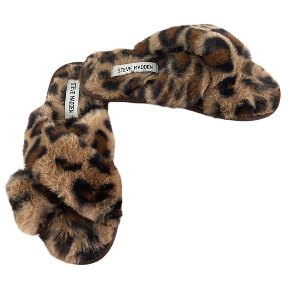 Steve Madden Criss Cross Faux Fur Leopard Print Slippers Size 7 Cozy‎ Comfy - Picture 3 of 9